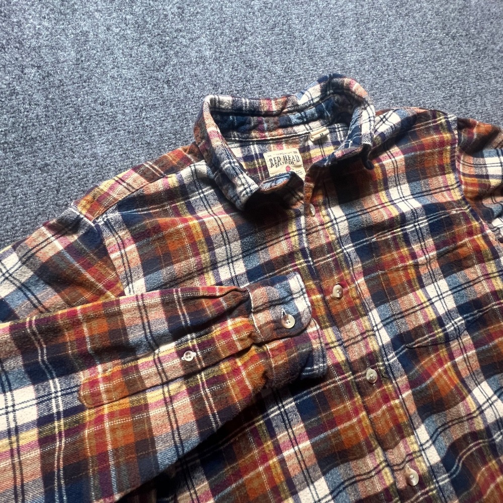RedHead Brand Co Mens Medium Plaid Flannel Button Down Shirt Orange Blue 602F909